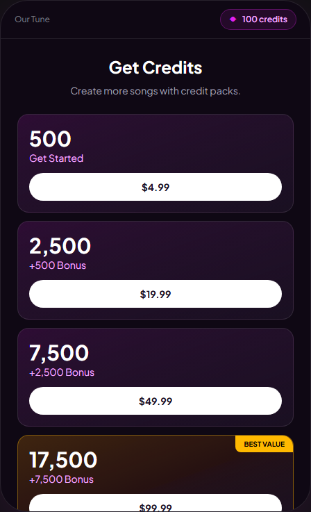 Our Tune demo credits store